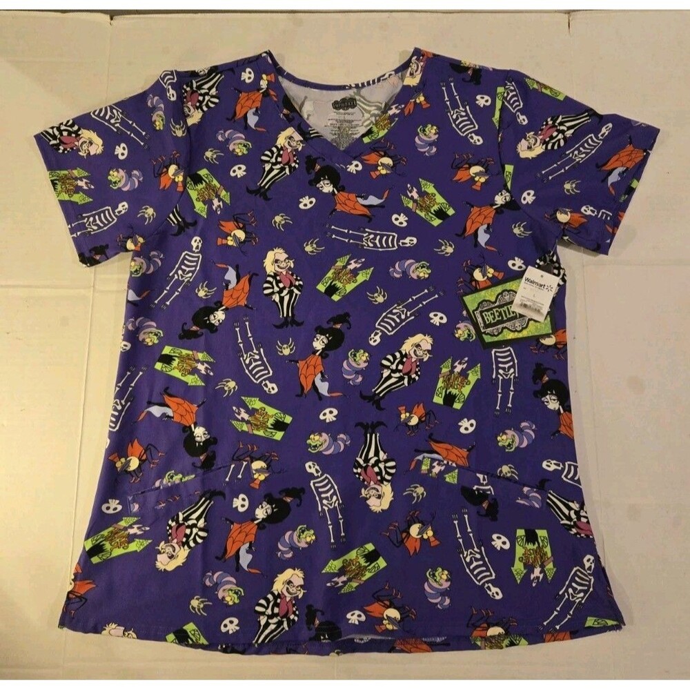 Beetlejuice Purple Halloween Print Fashion Scrub Top Size Large Isaac Morris